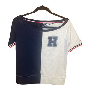 Tommy Hilfiger Colorblock Boat Neck Short Sleeve Crop Top Navy Ivory Size XXS